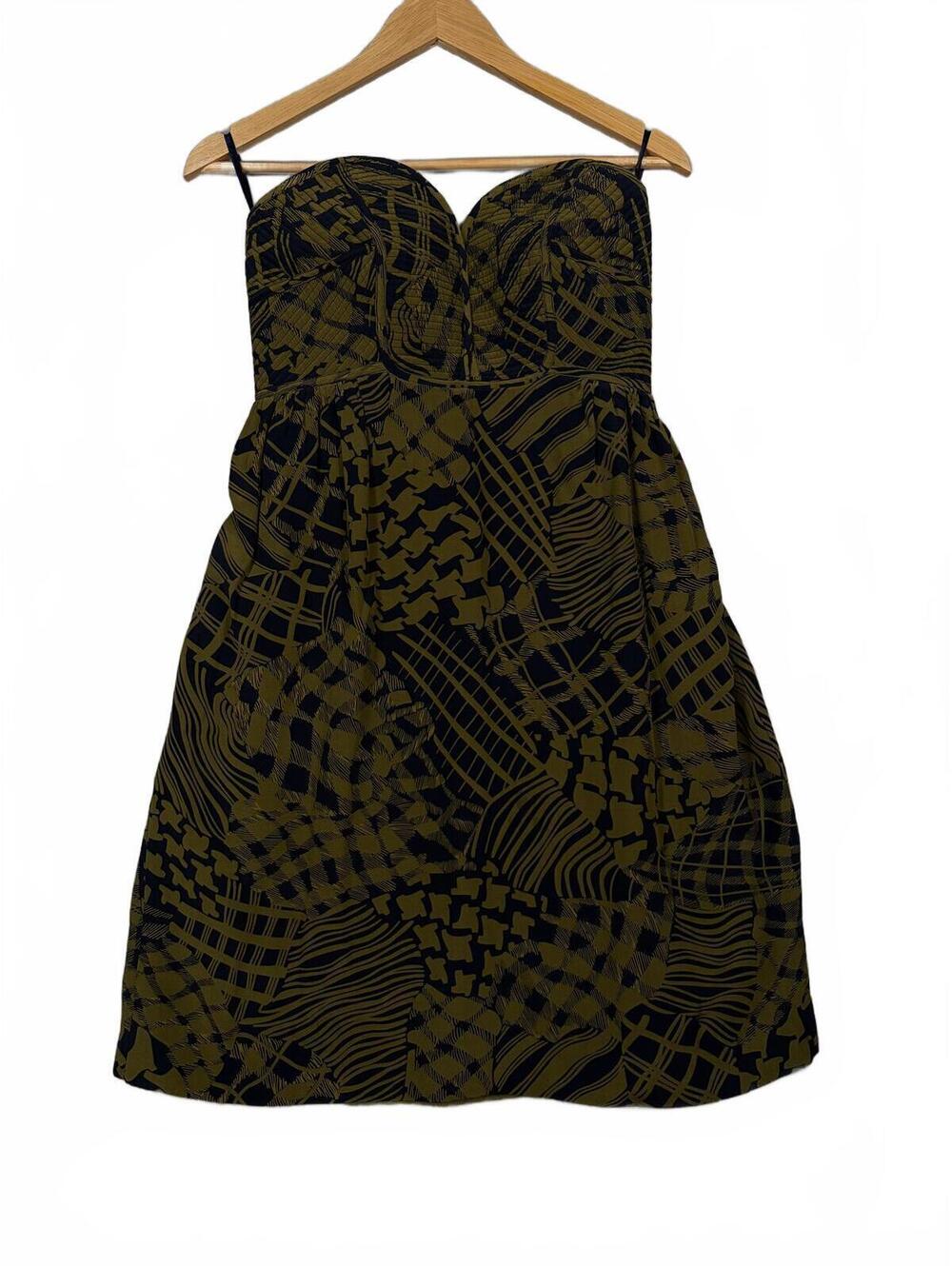 Maple 100% Silk Strapless Mini Dress Abstract Print Green Black Pockets Size 10
